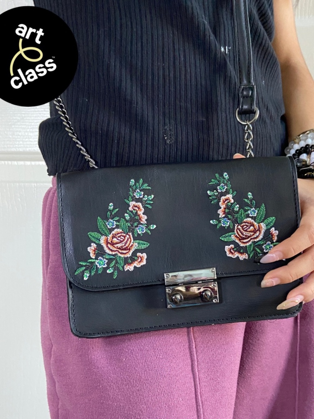 Art Class - Black Floral Embroidered Crossbody Purse